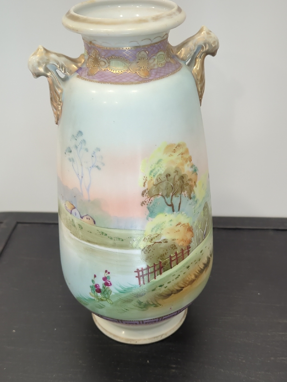 Nippon 1920's Hand-Painted Porcelain Vase Pastel Landscape and Gilded Handles